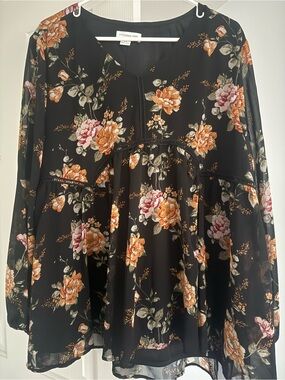 Chic Soul Black Floral Peasant Blouse with Orange & Pink Roses